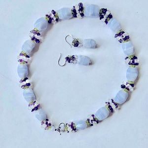 vtg blue lace agate amethyst peridot quartz necklace + earrings sterling silver